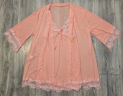 Vintage Shirley Of Hollywood Sheer Lace Slip Dress Nightgown Robe Set Peach 2XL - Image 1 of 4