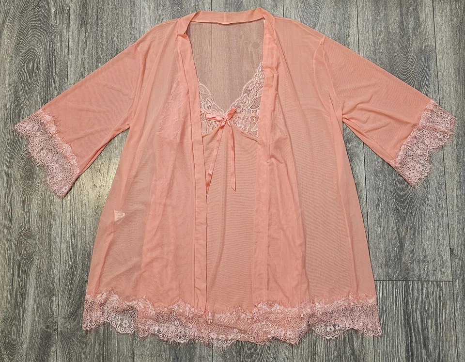 Vintage Shirley Of Hollywood Sheer Lace Slip Dress Nightgown Robe Set Peach 2XL - Image 1 of 4