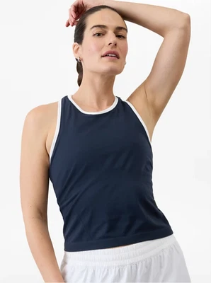 Athleta Momentum 无痕高领作物背心 | 二手状况完好,小号,海军蓝/亮白色 — 第 1/4 张图片