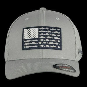 Columbia PFG American Flag Fish Hat Size: L/XL Gray Flexfit Mesh Fishing Cap - Picture 1 of 12