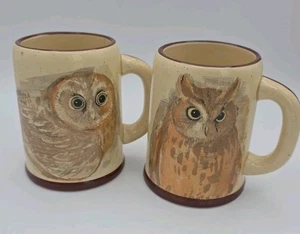 Set Of 2 Horned Owl Barn Owl Ceramic Made In Japan Brown Pale Yellow Coffee Mug - Picture 1 of 22