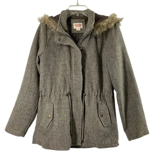 Womens Large Faux Fur Hooded Jacket Brown Tweed Drawstring Waist Outdoor Coat - Picture 1 of 13