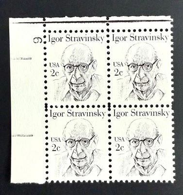 1982 IGOR STRAVINSKY 2 CENT PLATE BLOCK OF FOUR MNH SCOTT 1845 - Image 1 of 2