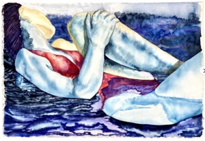 Expressive Watercolor Woman Water Red Swimsuit 15x23" Pool Swimming Beach Blues - Picture 1 of 7