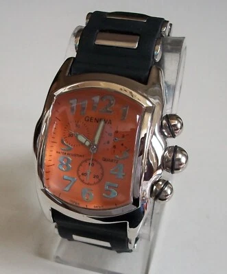 Men's Silver & Black Silicone Band Orange Dial Fashion Casual Hip Hop Watch - Image 1 of 4