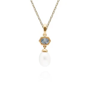 Modern Pearl & Aquamarine Hexagon Drop Pendant in Gold Plated Sterling Silver - Picture 1 of 1