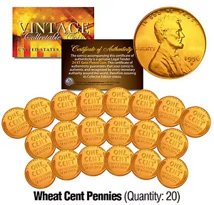 Lincoln Head 1950's/40's WHEAT Cent Pennies US Coins 24K GOLD PLATED (Lot of 20) - Picture 1 of 2