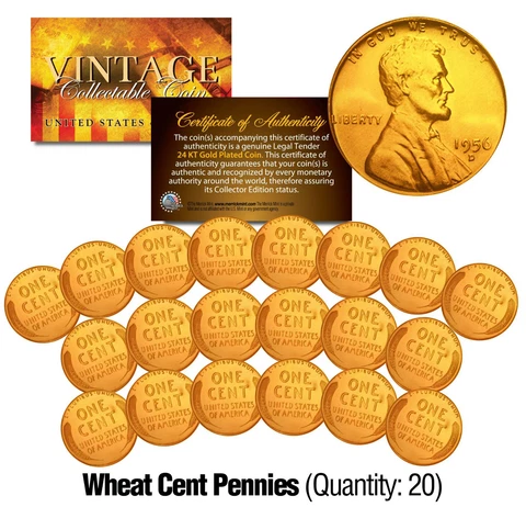 Lincoln Head 1950's/40's WHEAT Cent Pennies US Coins 24K GOLD PLATED (Lot of 20) Cover