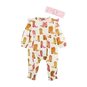 Mud Pie Baby Girl Pink Cowboy Boot One Piece Outfit w,Headband S 12-18 M NEW - Picture 1 of 1
