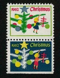 1962 WX213 Boy/Girl/Tree Pair (2) US Christmas Seals/Stamps (Re:Gum) VF MNH - Picture 1 of 2