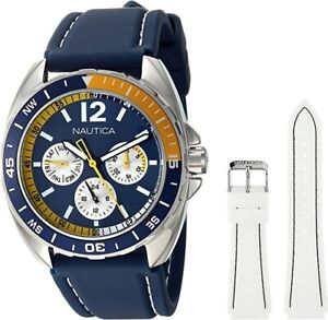 New Nautica Men's Quartz Chrono Stainless Steel/Blue Silicone Watch N09915G