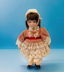 Victorian Doll - Porcelain Doll  Red  Pink Lacy Dress & Bonnet W/ Bloomers Hangs - Picture 1 of 5