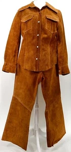 VTG ROGER KUPER SUEDE LEATHER SUIT BELLBOTTOM JACKET PANTS ROCKABILLY HIPPIE MOD - Picture 1 of 12