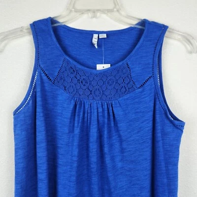 Regata Elle feminina sem mangas gola redonda azul tamanho XS detalhe de renda algodão nova com etiquetas - Imagem 1 de 4