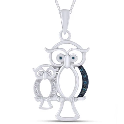 Colgante redondo de diamantes azules y blancos para mamá y bebé búho cadena de 18" enchapado en oro de 14K Foto 1 de 4