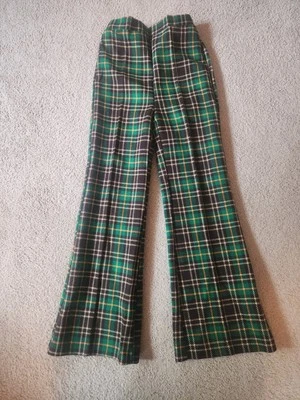Pantalones acampanados a cuadros verdes, marrones, amarillos marca Kmart talla 12 vintage para niña Foto 1 de 4