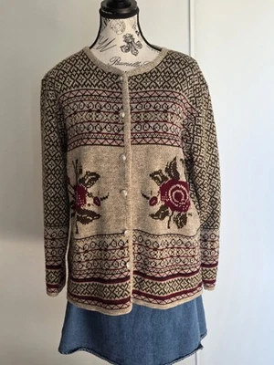 Cárdigan Vintage Hampton Ridge Fair Isle Rosa M - Hecho en Canadá, Floral Nórdico Foto 1 de 4