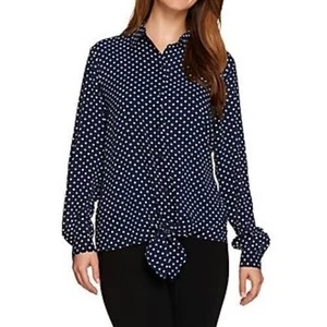 Camicetta Susan Graver donna 10 pois cravatta bottoni davanti blu navy bianca manica lunga - Foto 1 di 12