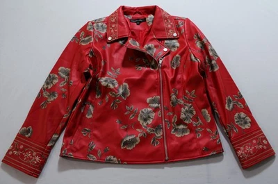 Colleen Lopez Women's Embroidered Faux Leather & Print Moto Jacket LB3 Red Large - Image 1 of 4