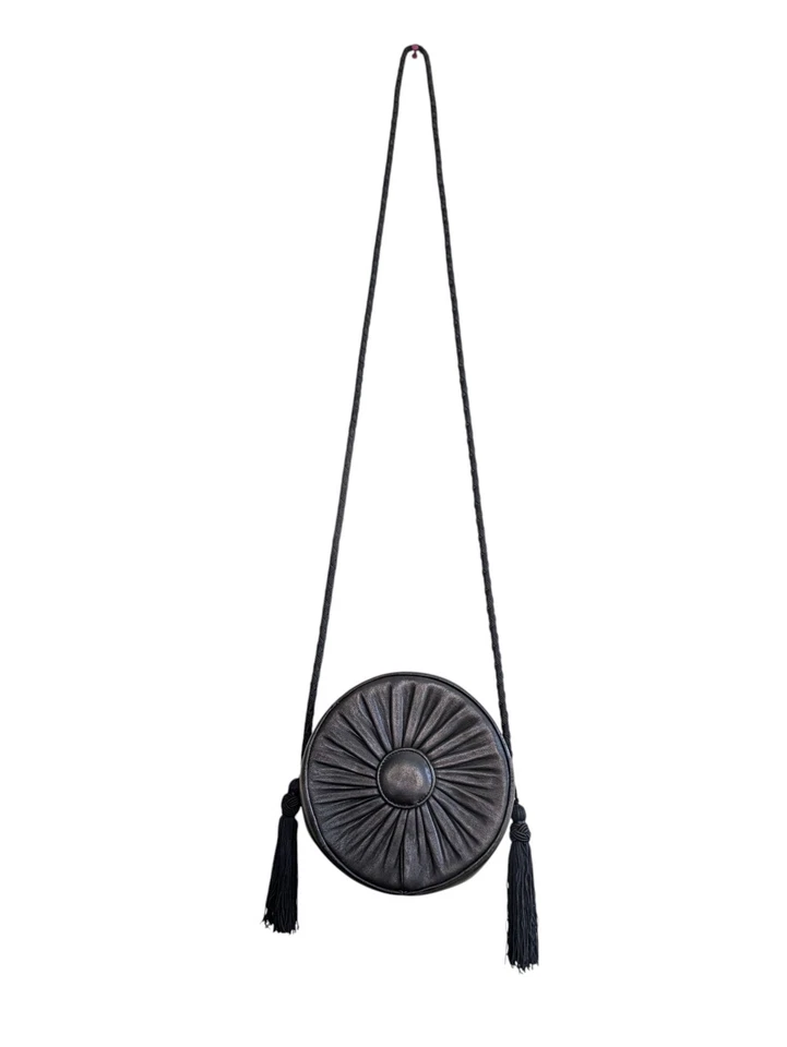 Vintage CAREY ADINA NYC 1988 Geometric Soft Black Leather Round Crossbody Bag - Image 1 of 4