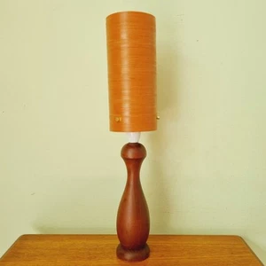Mid Century Teak Table Lamp 60's Orange Spun Fibreglass Turned Wood Base Retro - Picture 1 of 11