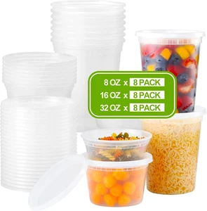 Paquete de 24 recipientes de alimentos delicatessen con tapas 8 oz 16 oz 32 oz juego de variedad congelador microondas - Imagen 1 de 12