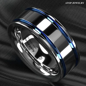 8mm Tungsten Carbide Ring Blue Grooved Line For Men Wedding Band ATOP Jewelry - Picture 1 of 9