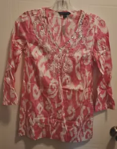 NEW Brooks Brothers Women's 3/4 Sleeve Beaded V Neck Popover Tunic Top Pink XXS - Picture 1 of 10