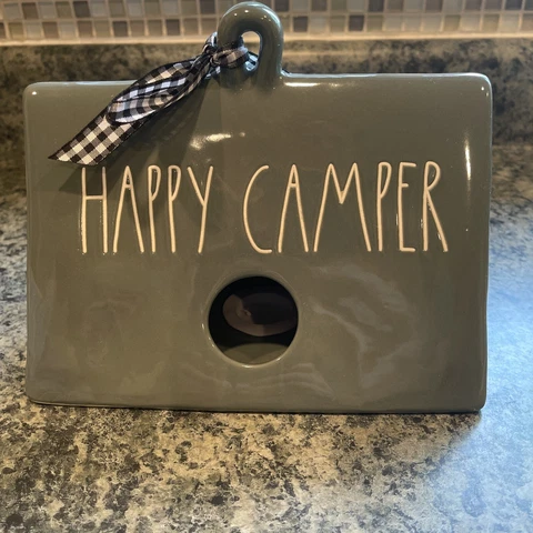 Rae Dunn Green "Happy Camper" Tent Birdhouse RARE VHTF Beautiful Condition! Cover
