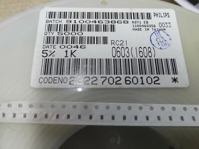 200x Philips 1K 5% 0603 surface mount resistors 1K0 RC21 1608 2322-702-60102 102 - Image 1 of 2