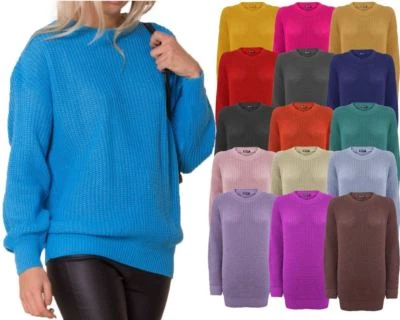Ladies Women Knitted Over size Fisherman Baggy Jumper Chunky Sweater TOP 8-20 - Image 1 of 2