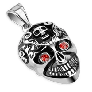 Biker's Stainless Steel Grinning Skull Pendant Red Glistening CZ Eyes - Large - Picture 1 of 4