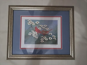 Vintage Anne Worsham Richardson Signed Framed Artwork Cardinal with Dogwood - Picture 1 of 3