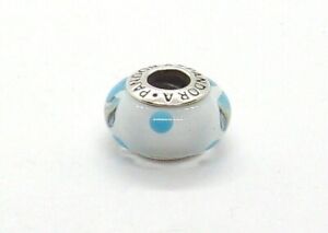 Authentic Pandora Sterling Silver 925 ALE CHARM. GLASS, WHITE, BLUE DOTS