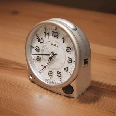 Vintage Seiko QXE011ALH Silver Dial Bedside Alarm Metallic Case Clock Dial Light - Image 1 of 4