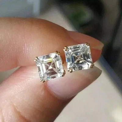 2Ct Lab Created Asscher Diamond Solitaire Stud Earrings 14K Yellow Gold Plated - Image 1 of 4