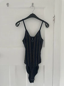 New Look Glittery Pinstripe Bodysuit With Zip Front Detail Size 6 - Picture 1 of 7