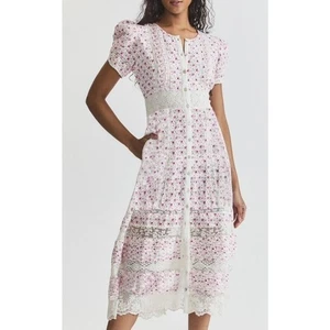 LoveShackAusgefallenes Midikleid Tamsin Rosa Elfenbein Puffärmel Blumen Spitze Baumwolle - Bild 1 von 24