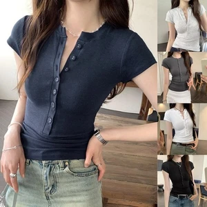 Retro Slim Fit Button Up Short Sleeve T Shirt for Women in Solid Colors - Picture 1 of 20