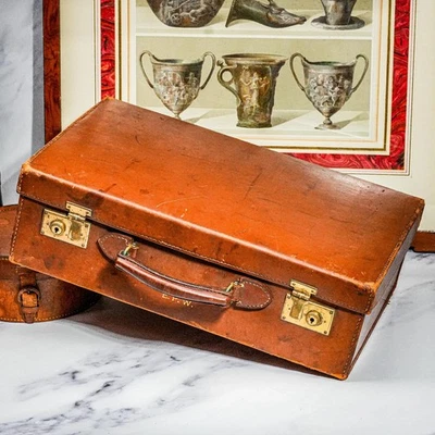 Wonderful Small Antique Leather Travel Suitcase Luggage Home Decor Prop - Image 1 of 4
