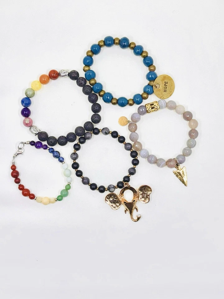 Juego de 5 pulseras de piedra natural de vidrio y cuentas dijes elefante arco iris Foto 1 de 4
