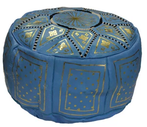 Pouf Moroccan Hassock Pooff Leather Ottoman Footstool Medium Light Blue - Picture 1 of 3