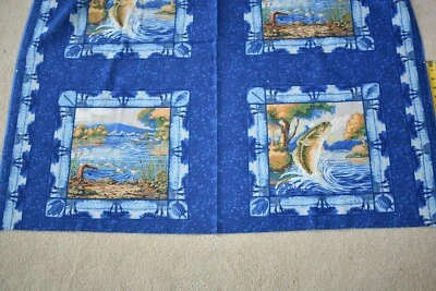 Panel de bloque de edredón de 18" x 44", vintage, tema de pesca en azul y bronceado, resortes, P1132 Foto 1 de 4