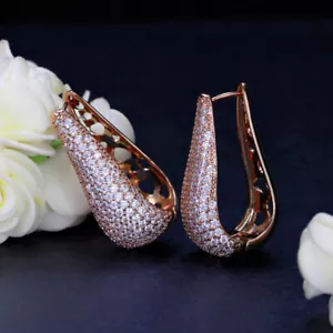 Boucles d'oreilles longues grandes cerceaux en zircone cubique plaquées or rose - Photo 1/11