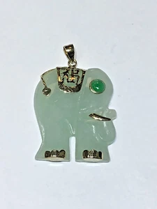 14k Gold Green Jade Elephant Pendant- Good Luck/Fortune - Picture 1 of 10