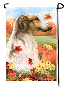 Falling Leaves Garden Flag - Sable and White Borzoi - Picture 1 of 1