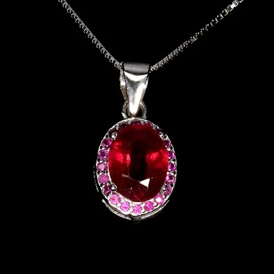 925 Sterling Silver Necklace Oval Ruby 8x6m Ruby Diamond Cut Gemstone Jewelry 18 - Image 1 of 4