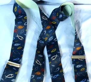 WIDE X-BACK SUSPENDERS Navy Blue Multi JESUS ICHTHYS FISH Christian Print - Picture 1 of 6