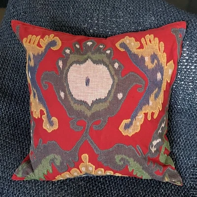 Pottery Barn Ikat 24x24 Jacquard Appliqué Embroidered Throw Pillow Cover Red HTF - Image 1 of 4