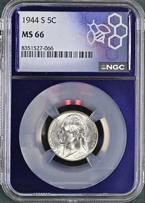  1944 S Jefferson Nickel 5C NGC MS 66 With Gentle Toning Around the Edges   - Image 1 of 4